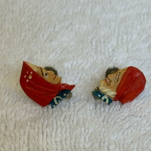 Vintage Hand-Carved Wooden Folk Earrings - Red Babushka Design - Picture 2 of 8
